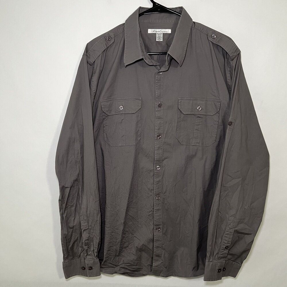 Kenneth Cole Button Up Shirt Mens Size XXL Gray Slim Fit Roll Tab Long Sleeve